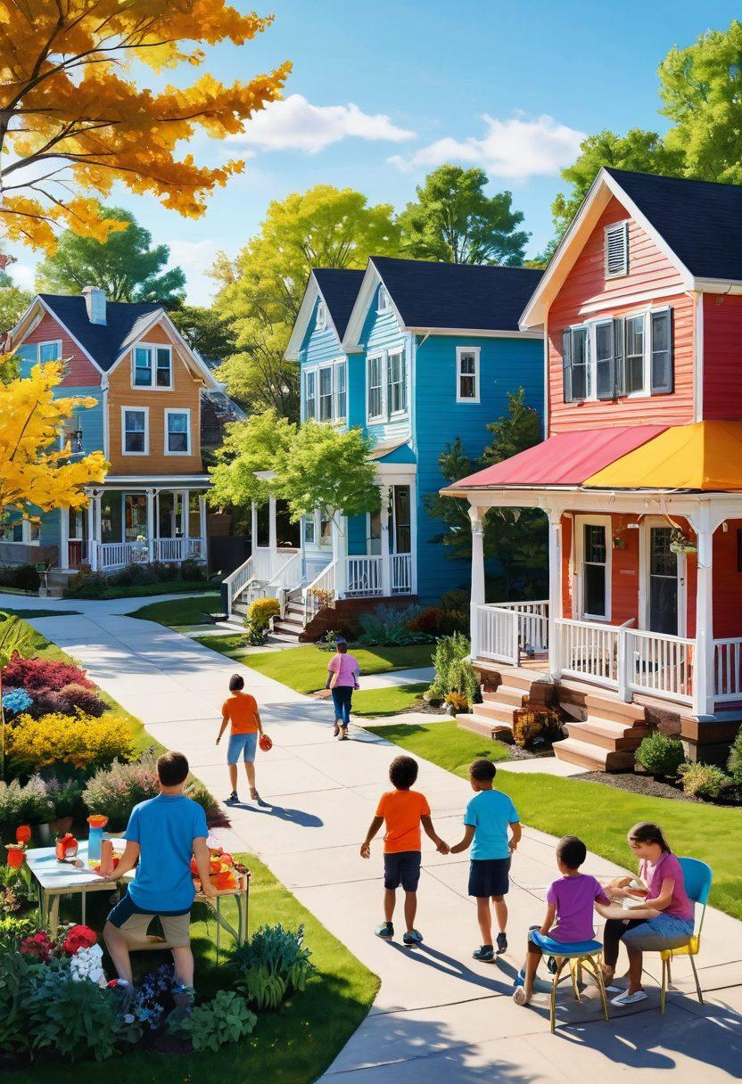 A vibrant community scene showcasing diverse individuals in a warm, welcoming neighborhood adorned with colorful homes. Highlight acts of kindness, such as neighbors helping each other and children playing together in a sunlit park. Emphasize a sense of togetherness through shared meals, laughter, and compassion. Use bright, uplifting colors to convey positivity and hope. cartoon-style. vibrant colors. cheerful atmosphere.