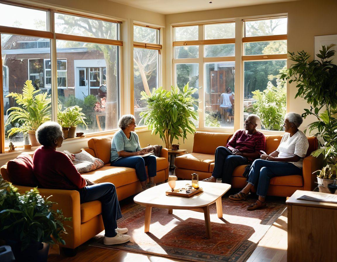 A warm, inviting scene of a diverse group of people in a cozy community living room, engaged in a supportive conversation, surrounded by plants and art. Sunlight streams through large windows, casting gentle shadows, emphasizing the warmth of human connection. In the background, images of community activities and care initiatives are displayed. A heartwarming atmosphere that illustrates transformation through affection and care in social housing. super-realistic. vibrant colors. cozy ambiance.