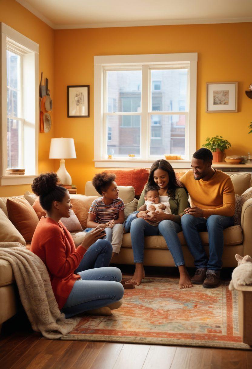 A warm, inviting scene depicting diverse families happily interacting in a cozy home environment, showcasing the emotional bonds formed through housing. Include elements like children playing, parents cooking together, and a pet happily lounging, all under soft, natural light to represent warmth and comfort. The background should feature a glimpse of city life to symbolize the community aspect of housing vouchers. vibrant colors. super-realistic.